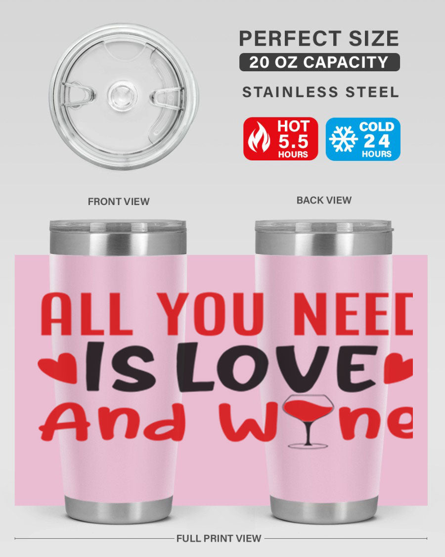 A stylish 'All You Need Is Love and Wine' tumbler in stainless steel, featuring a charming design perfect for Valentine's Day.