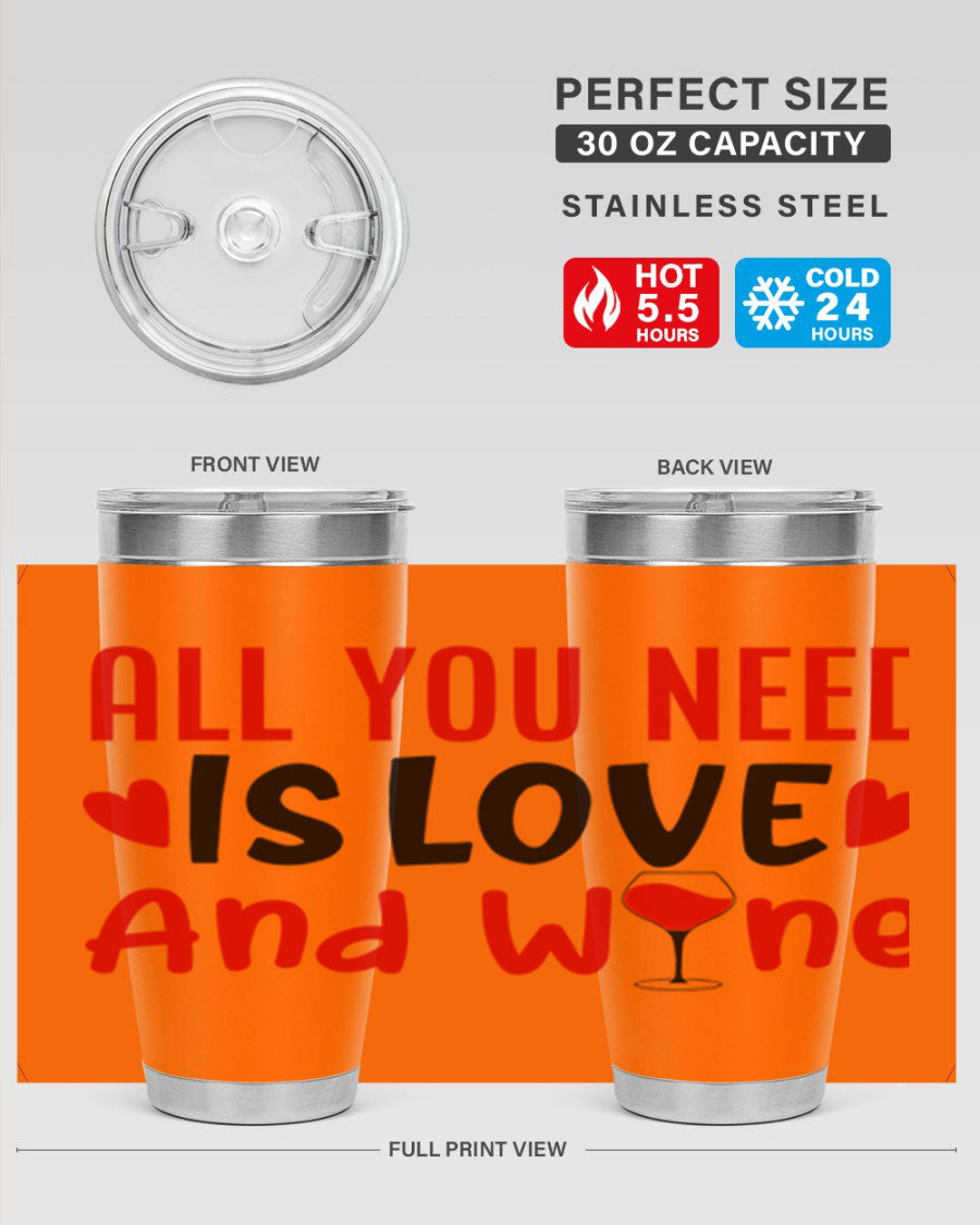 A stylish 'All You Need Is Love and Wine' tumbler in stainless steel, featuring a charming design perfect for Valentine's Day.
