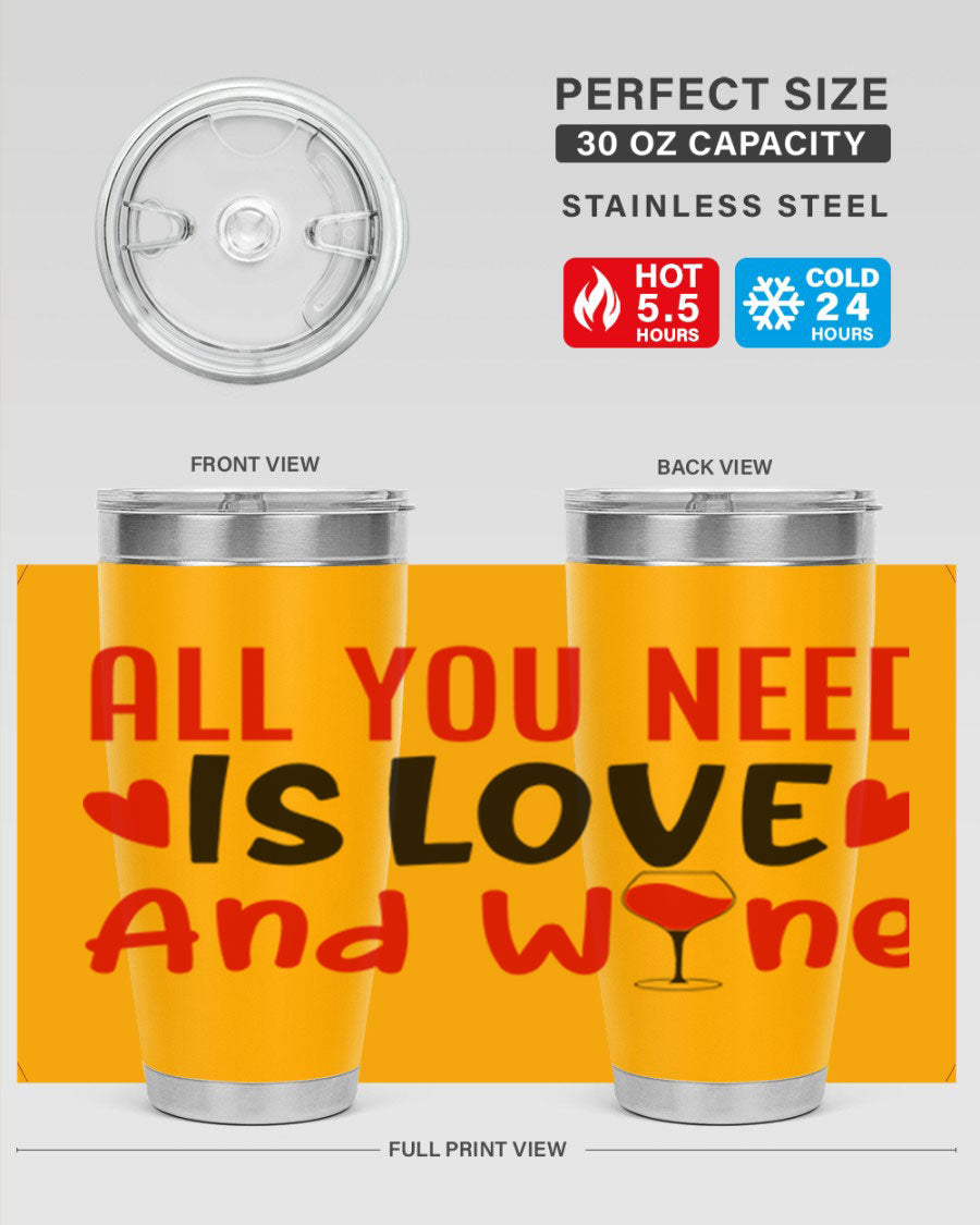 A stylish 'All You Need Is Love and Wine' tumbler in stainless steel, featuring a charming design perfect for Valentine's Day.