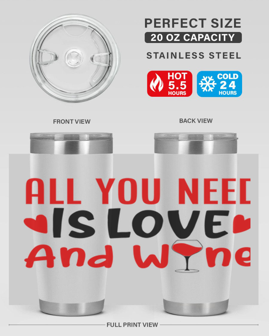 A stylish 'All You Need Is Love and Wine' tumbler in stainless steel, featuring a charming design perfect for Valentine's Day.