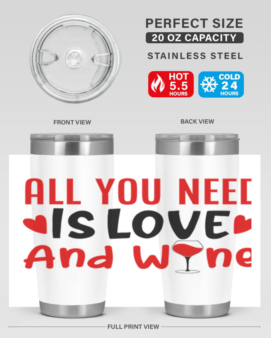 A stylish 'All You Need Is Love and Wine' tumbler in stainless steel, featuring a charming design perfect for Valentine's Day.