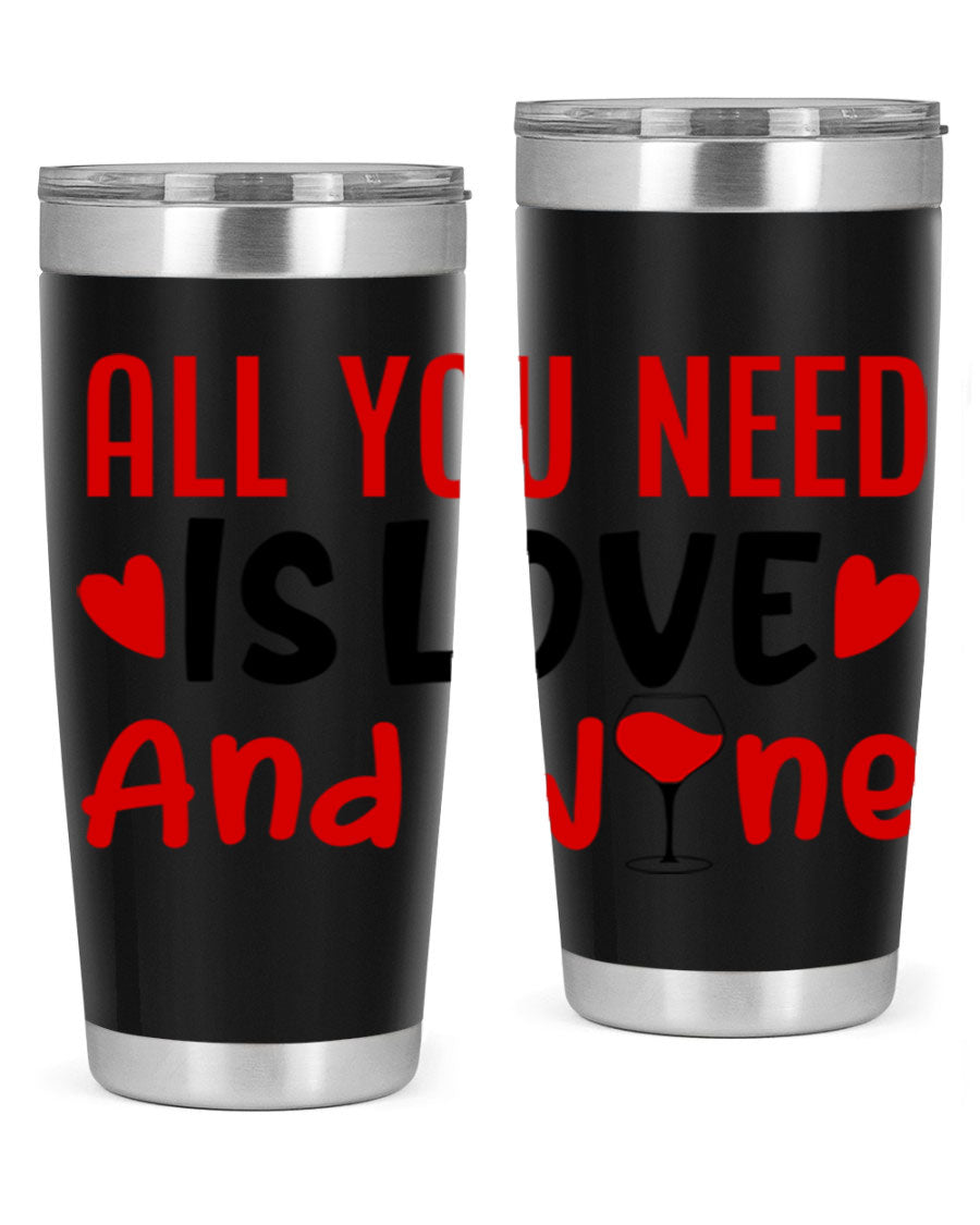 A stylish 'All You Need Is Love and Wine' tumbler in stainless steel, featuring a charming design perfect for Valentine's Day.