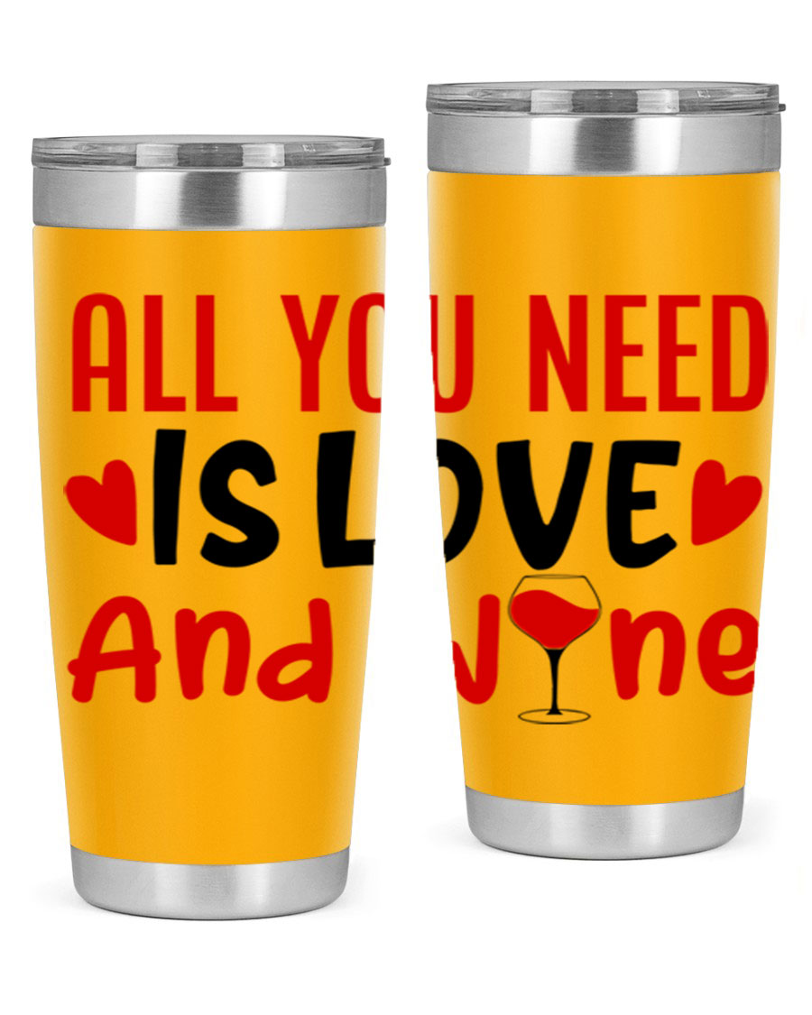 A stylish 'All You Need Is Love and Wine' tumbler in stainless steel, featuring a charming design perfect for Valentine's Day.
