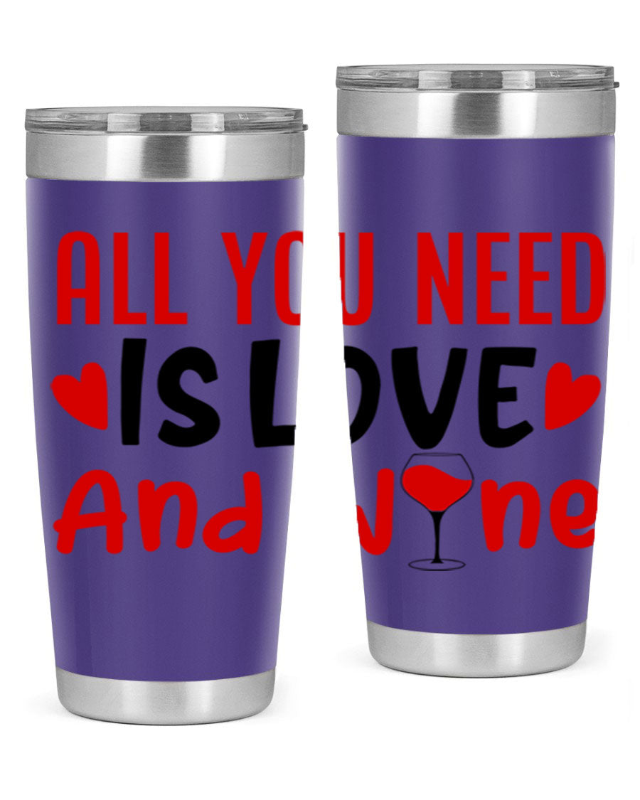 A stylish 'All You Need Is Love and Wine' tumbler in stainless steel, featuring a charming design perfect for Valentine's Day.