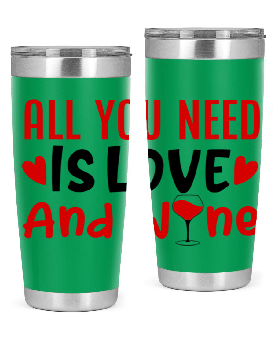 A stylish 'All You Need Is Love and Wine' tumbler in stainless steel, featuring a charming design perfect for Valentine's Day.