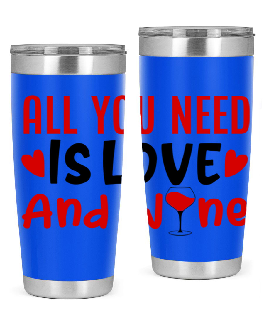 A stylish 'All You Need Is Love and Wine' tumbler in stainless steel, featuring a charming design perfect for Valentine's Day.