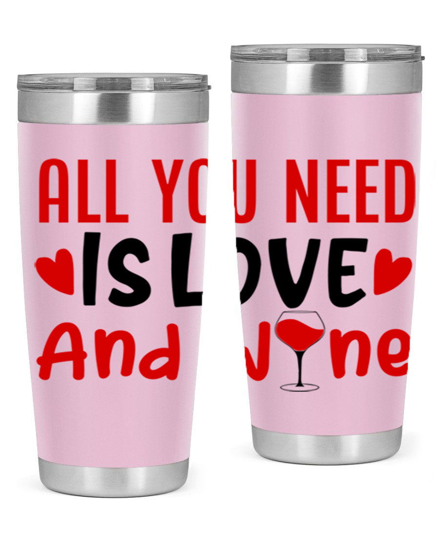 A stylish 'All You Need Is Love and Wine' tumbler in stainless steel, featuring a charming design perfect for Valentine's Day.