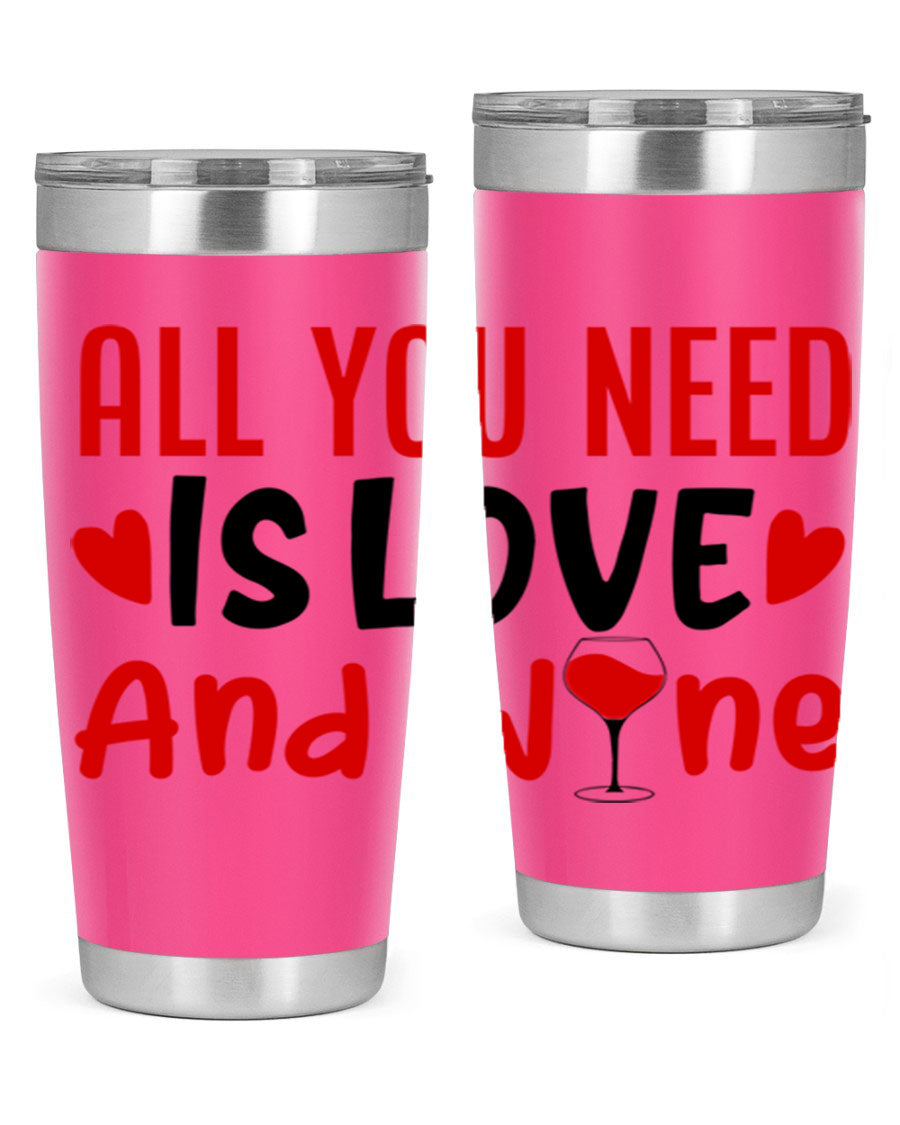 A stylish 'All You Need Is Love and Wine' tumbler in stainless steel, featuring a charming design perfect for Valentine's Day.