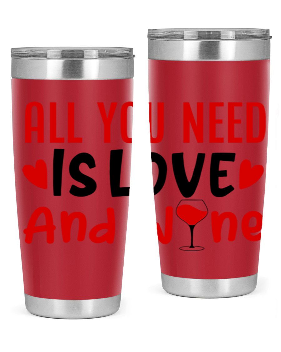 A stylish 'All You Need Is Love and Wine' tumbler in stainless steel, featuring a charming design perfect for Valentine's Day.