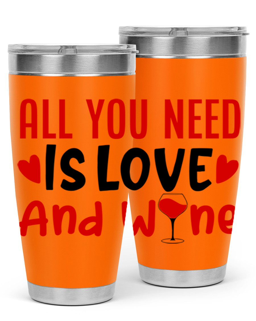 A stylish 'All You Need Is Love and Wine' tumbler in stainless steel, featuring a charming design perfect for Valentine's Day.
