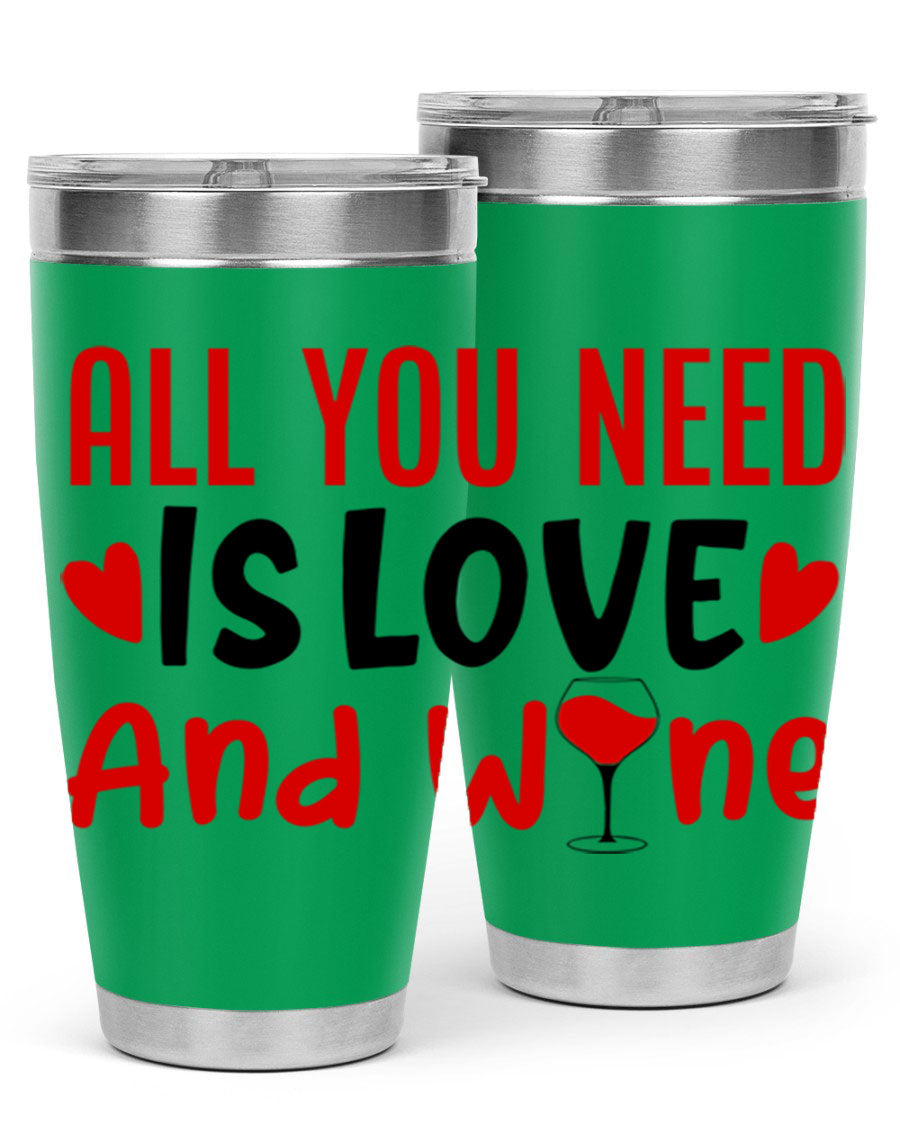 A stylish 'All You Need Is Love and Wine' tumbler in stainless steel, featuring a charming design perfect for Valentine's Day.