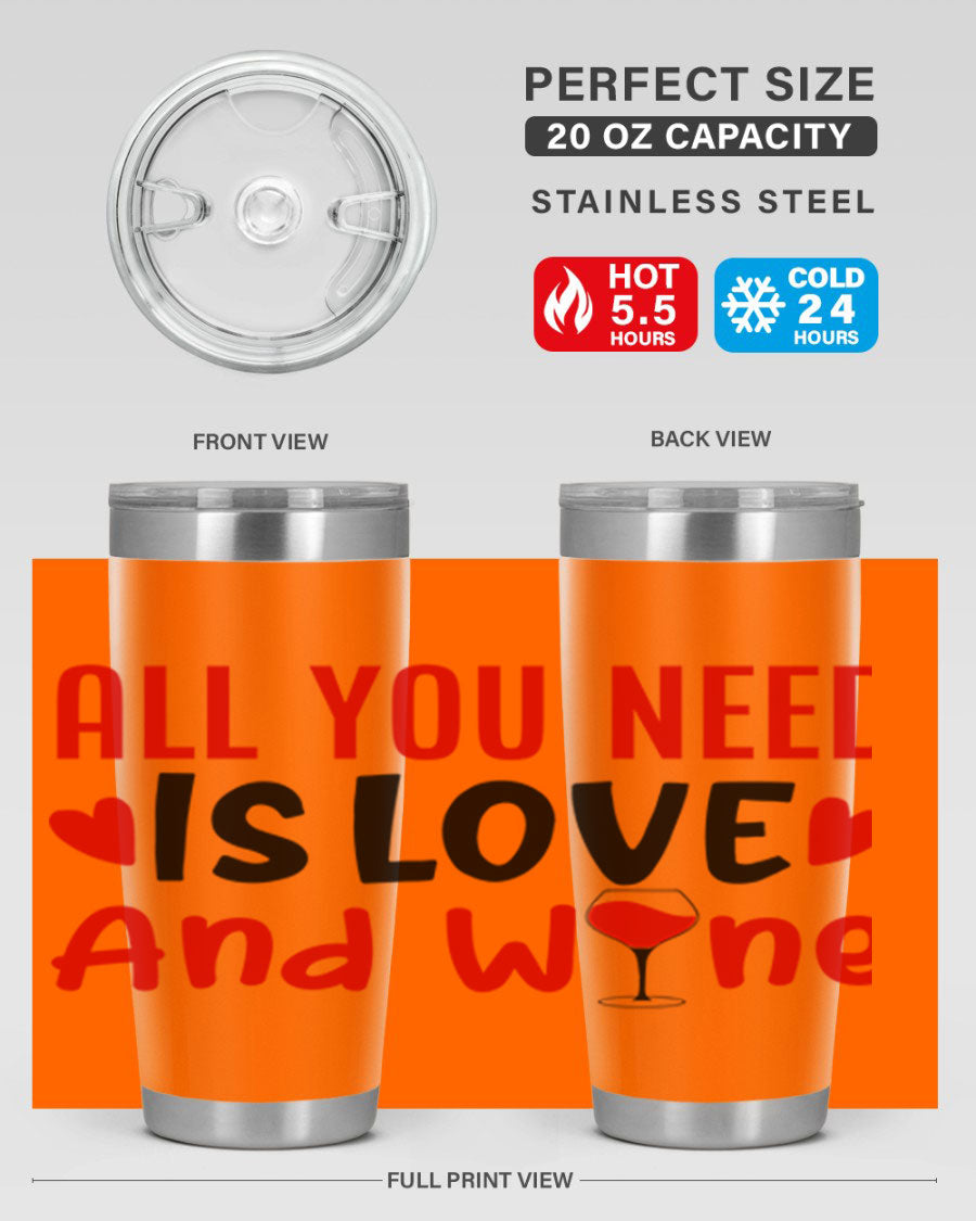 A stylish 'All You Need Is Love and Wine' tumbler in stainless steel, featuring a charming design perfect for Valentine's Day.