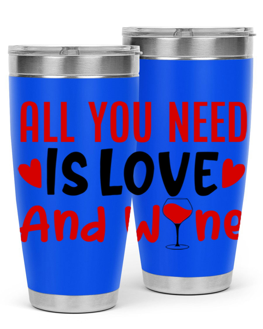 A stylish 'All You Need Is Love and Wine' tumbler in stainless steel, featuring a charming design perfect for Valentine's Day.