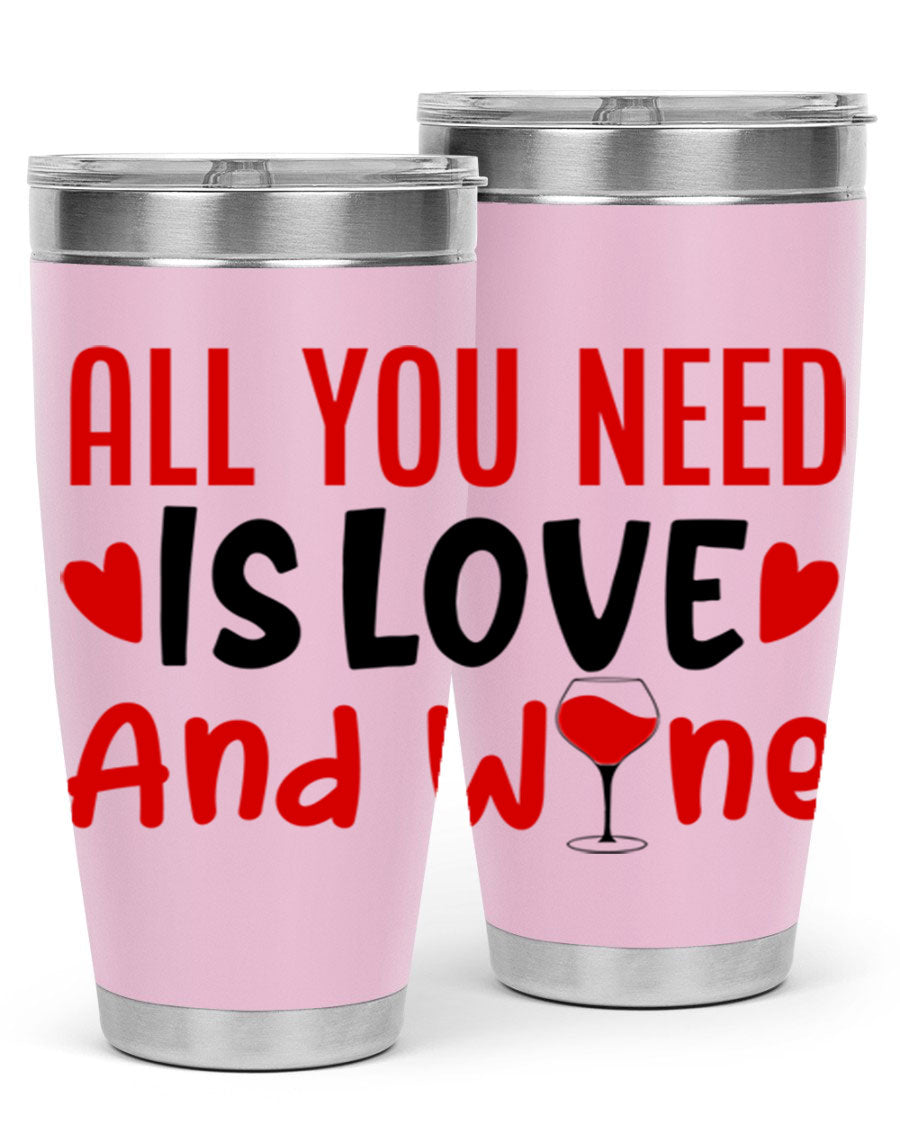 A stylish 'All You Need Is Love and Wine' tumbler in stainless steel, featuring a charming design perfect for Valentine's Day.