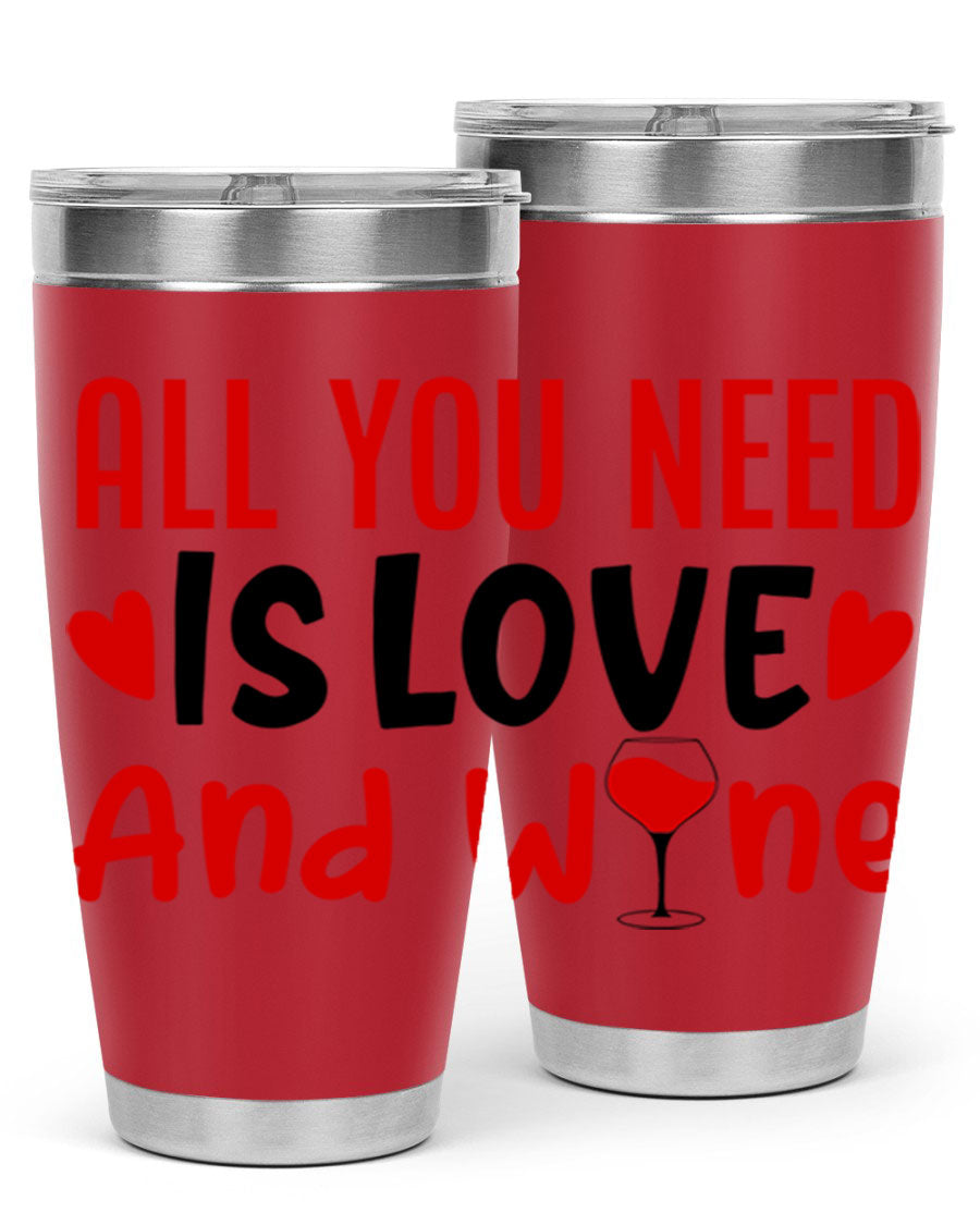 A stylish 'All You Need Is Love and Wine' tumbler in stainless steel, featuring a charming design perfect for Valentine's Day.