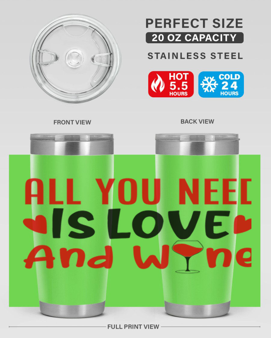 A stylish 'All You Need Is Love and Wine' tumbler in stainless steel, featuring a charming design perfect for Valentine's Day.