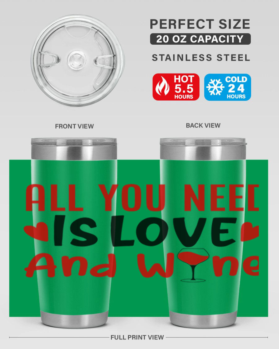 A stylish 'All You Need Is Love and Wine' tumbler in stainless steel, featuring a charming design perfect for Valentine's Day.