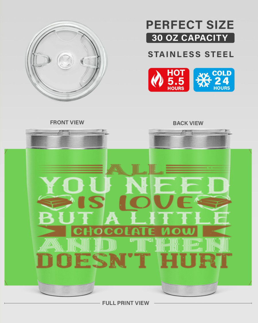 Stylish stainless steel tumbler with a love and chocolate design, perfect for hot and cold beverages.