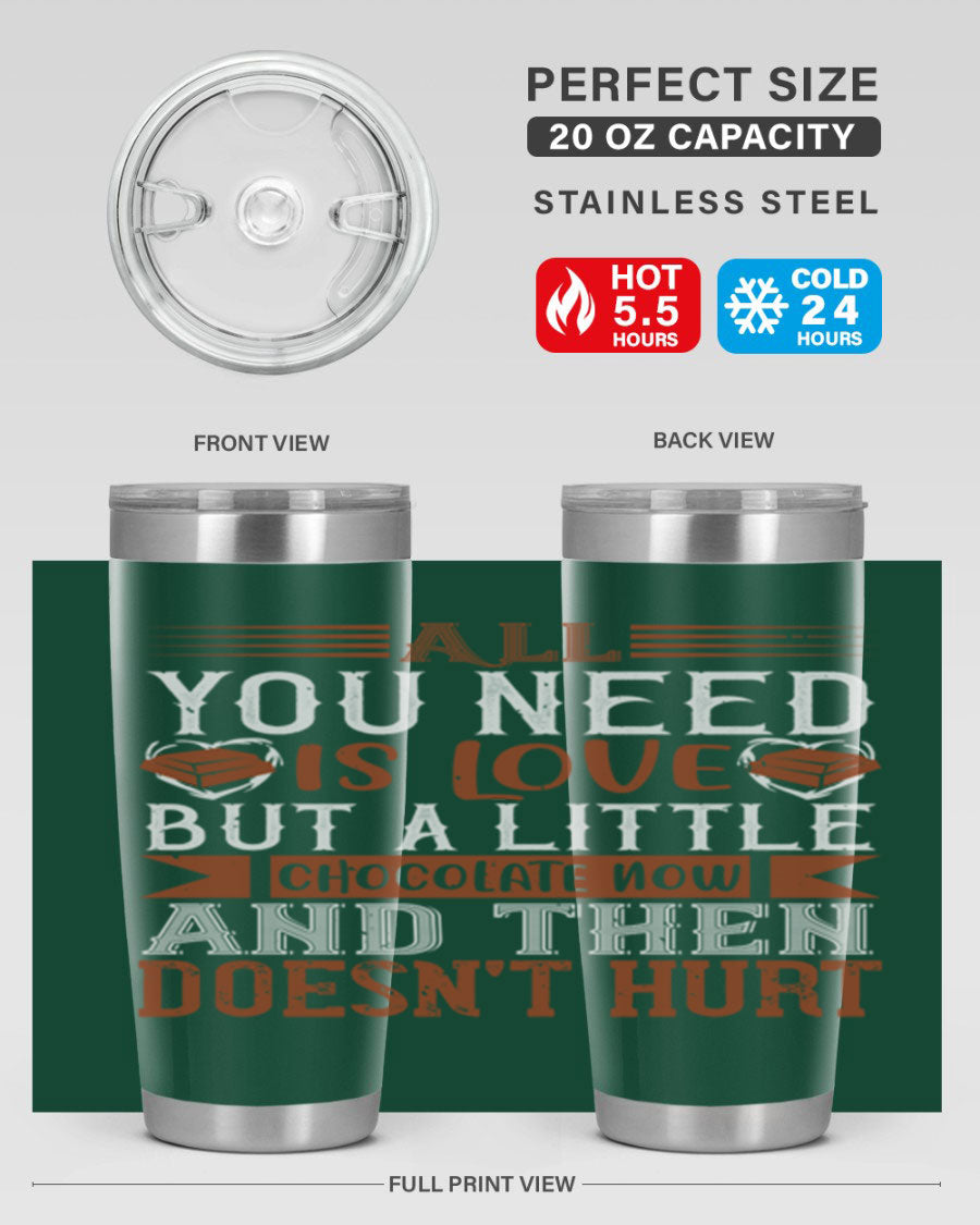 Stylish stainless steel tumbler with a love and chocolate design, perfect for hot and cold beverages.