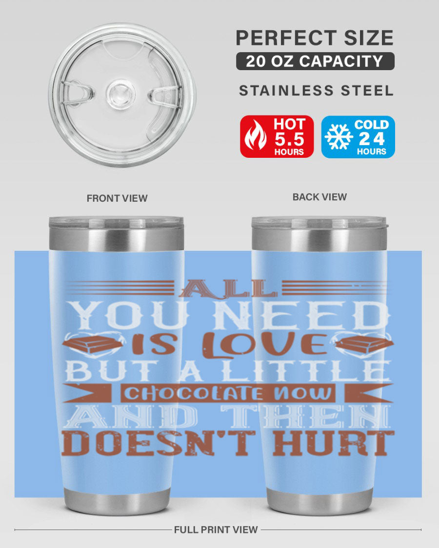 Stylish stainless steel tumbler with a love and chocolate design, perfect for hot and cold beverages.