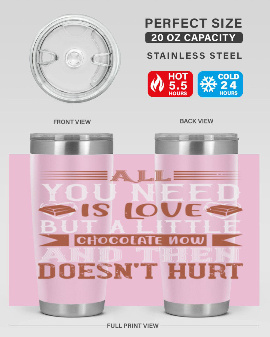 Stylish stainless steel tumbler with a love and chocolate design, perfect for hot and cold beverages.