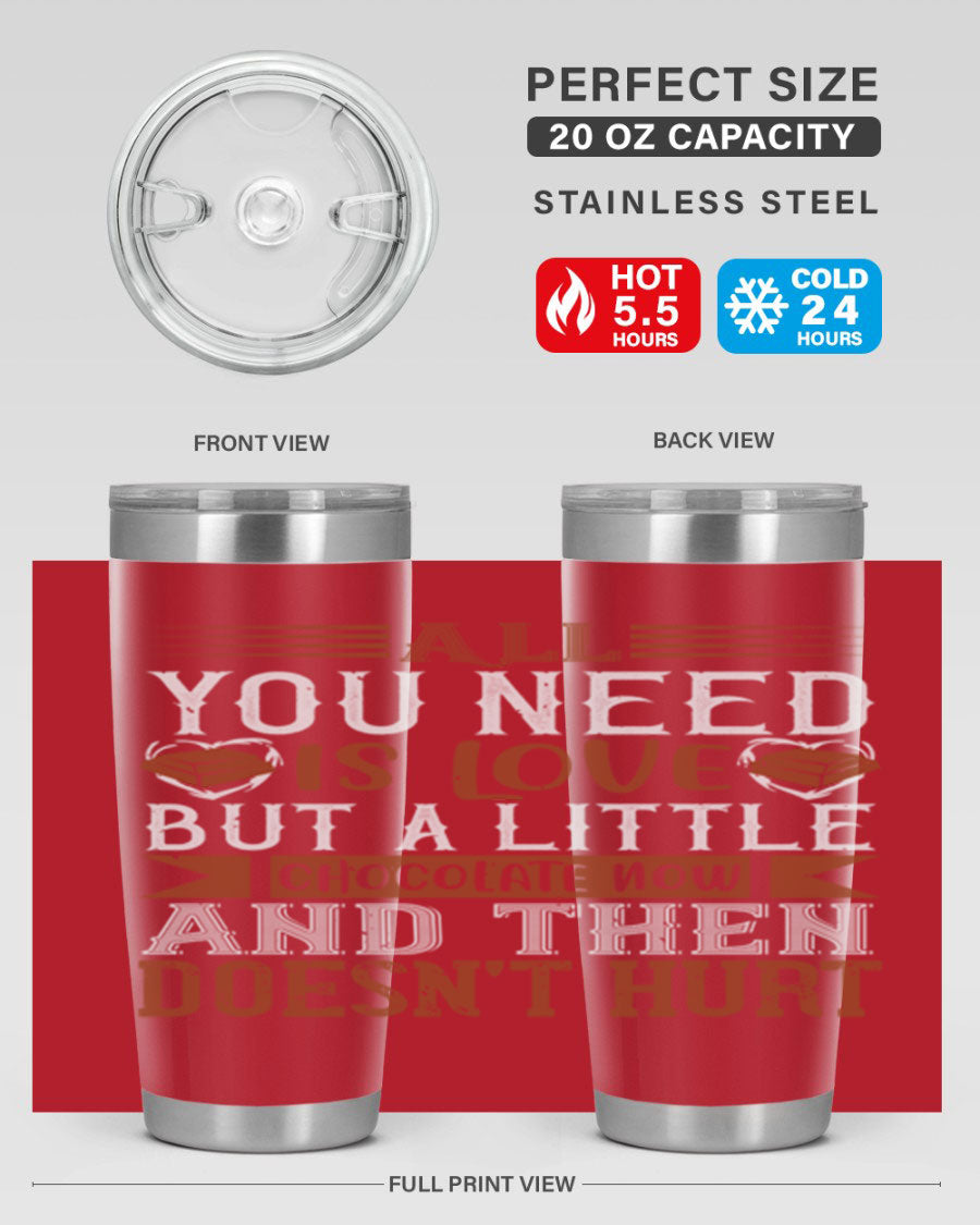 Stylish stainless steel tumbler with a love and chocolate design, perfect for hot and cold beverages.