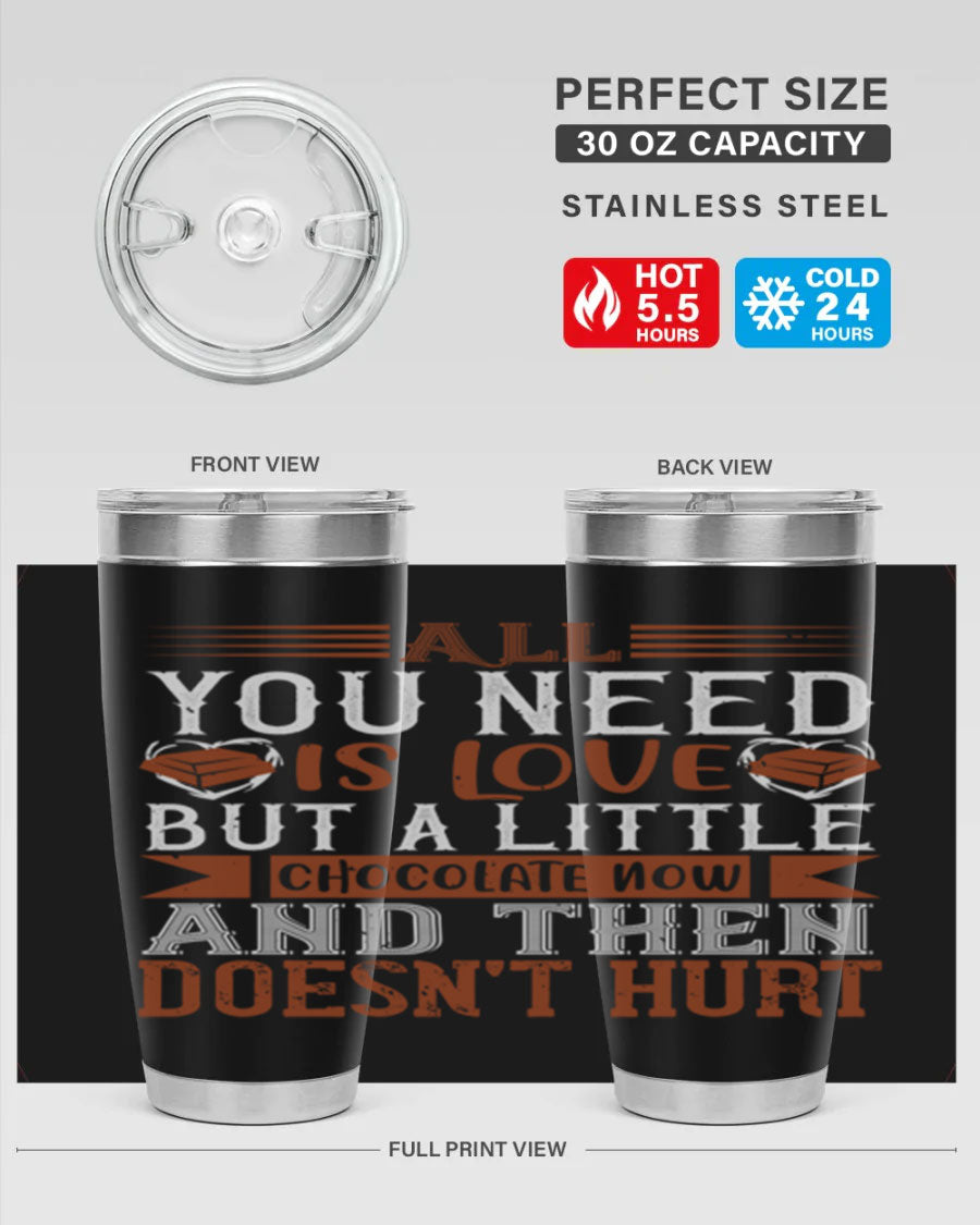Stylish stainless steel tumbler with a love and chocolate design, perfect for hot and cold beverages.