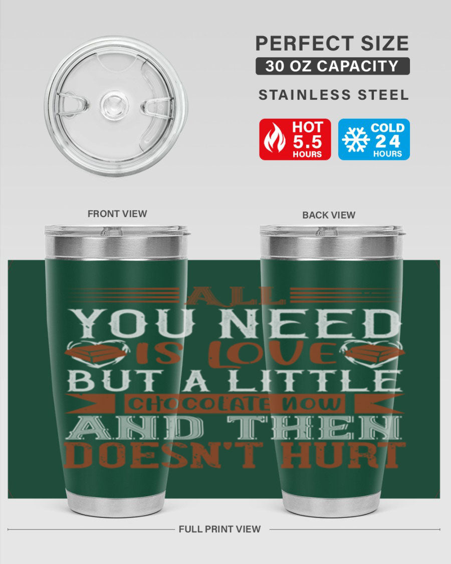 Stylish stainless steel tumbler with a love and chocolate design, perfect for hot and cold beverages.