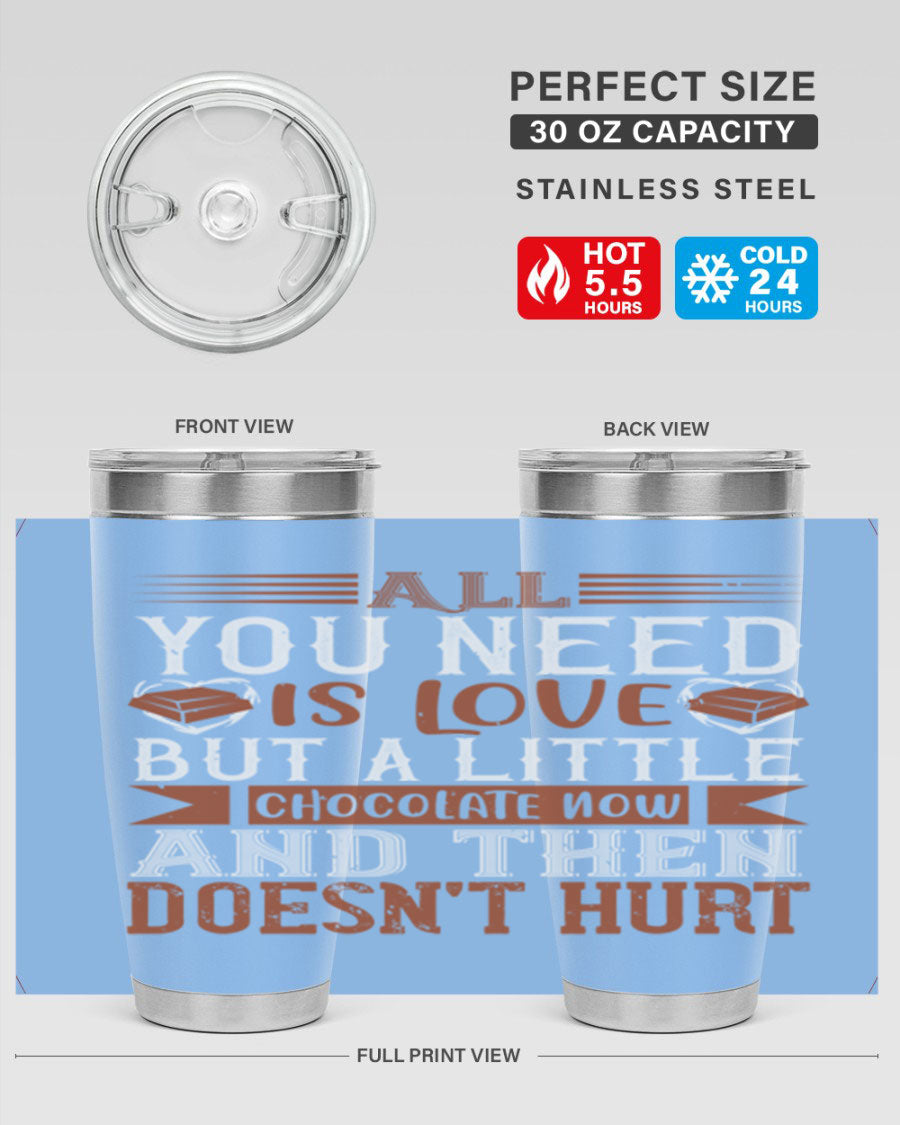 Stylish stainless steel tumbler with a love and chocolate design, perfect for hot and cold beverages.
