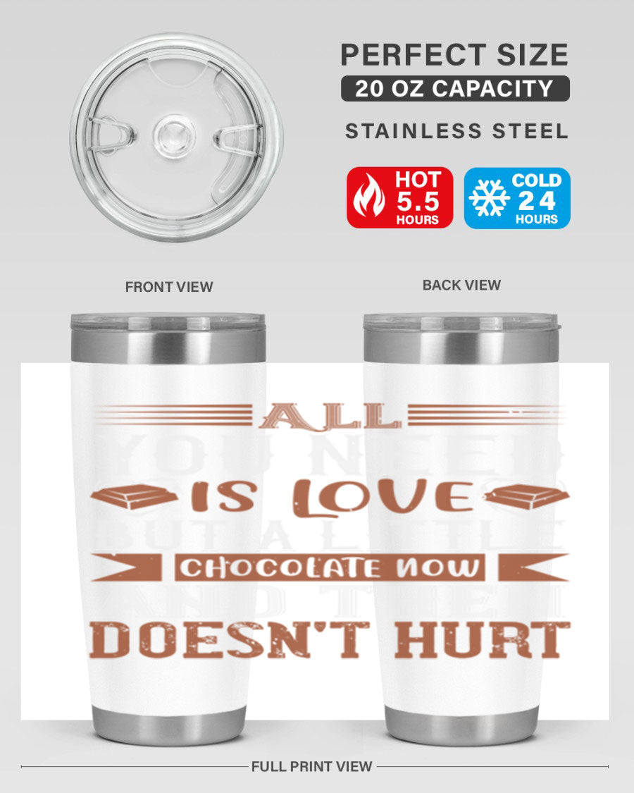 Stylish stainless steel tumbler with a love and chocolate design, perfect for hot and cold beverages.