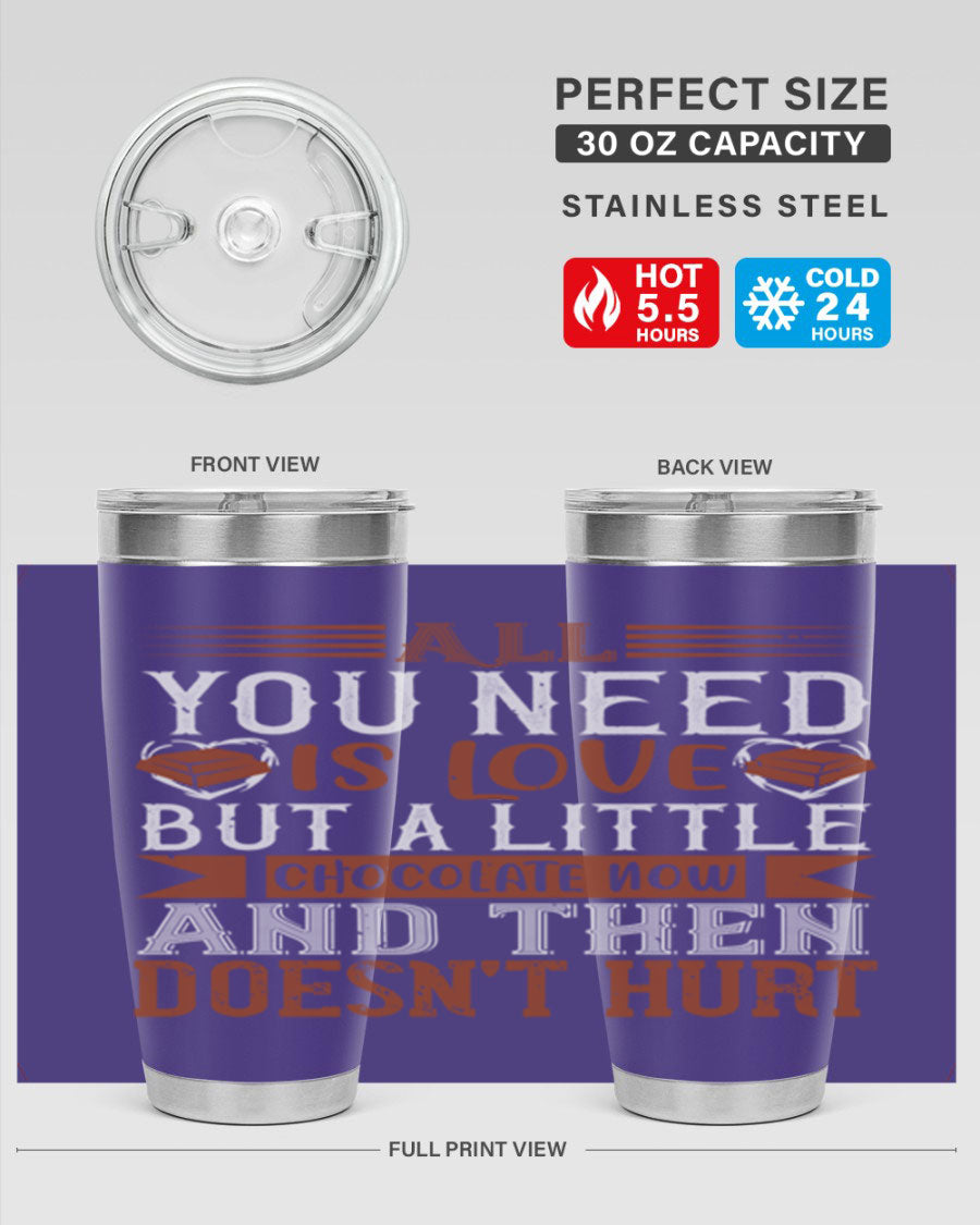 Stylish stainless steel tumbler with a love and chocolate design, perfect for hot and cold beverages.