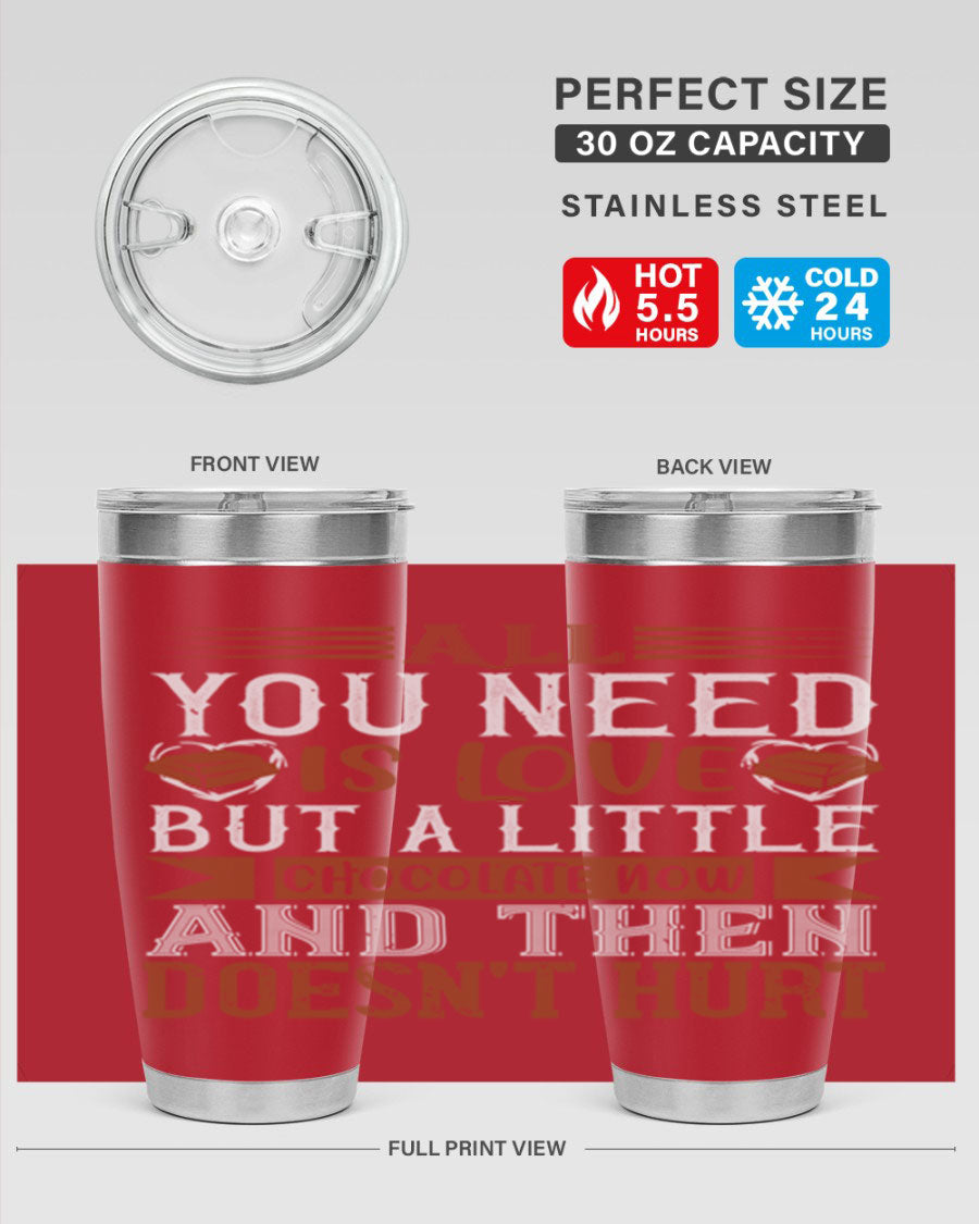 Stylish stainless steel tumbler with a love and chocolate design, perfect for hot and cold beverages.