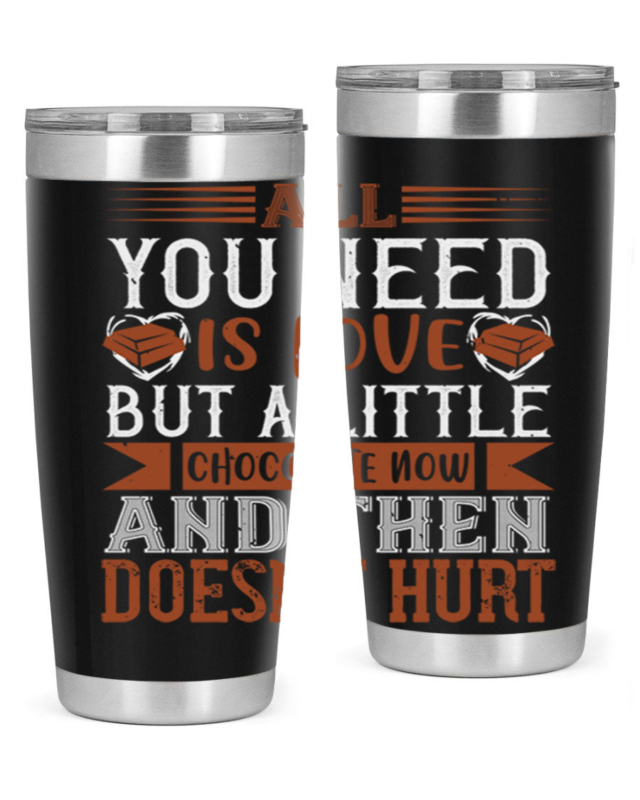 Stylish stainless steel tumbler with a love and chocolate design, perfect for hot and cold beverages.