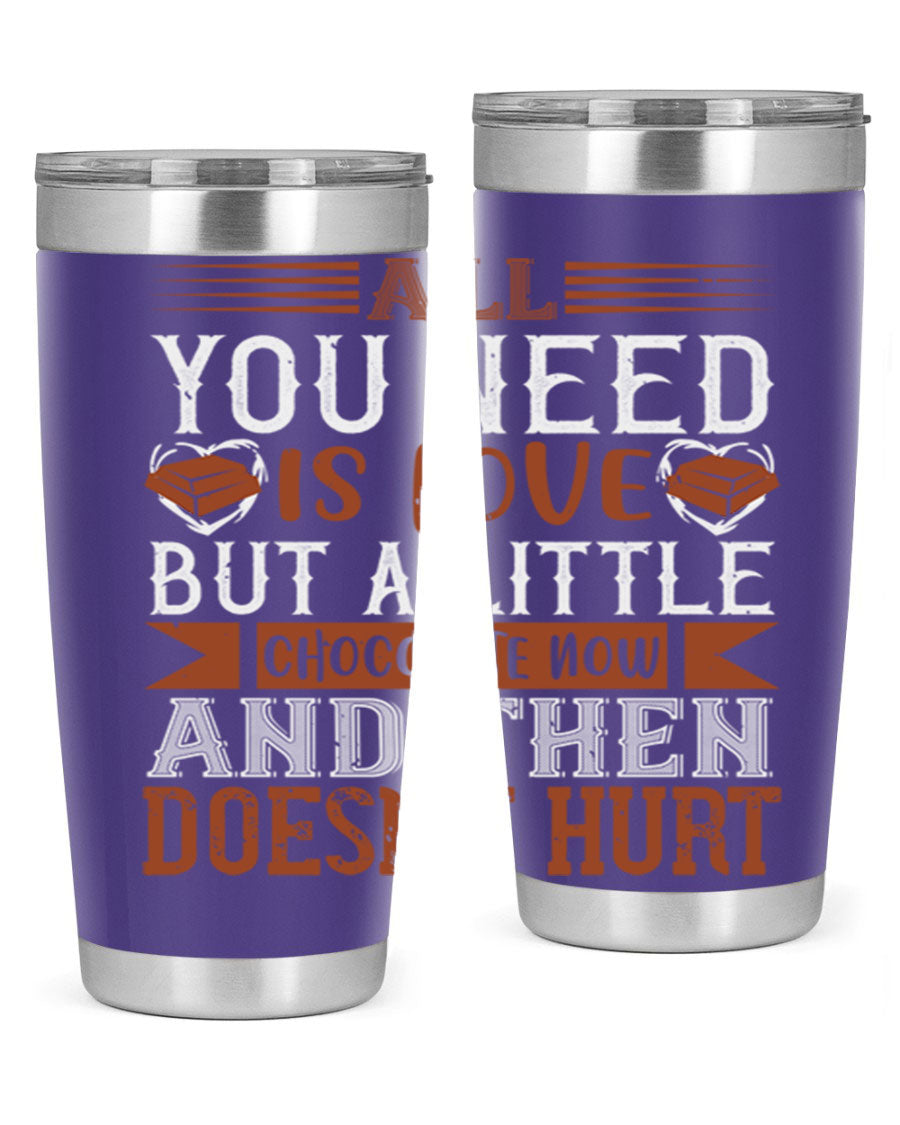 Stylish stainless steel tumbler with a love and chocolate design, perfect for hot and cold beverages.