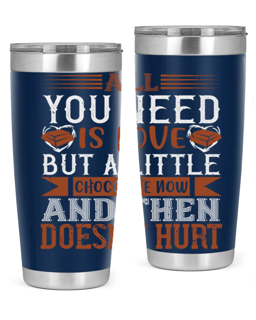 Stylish stainless steel tumbler with a love and chocolate design, perfect for hot and cold beverages.