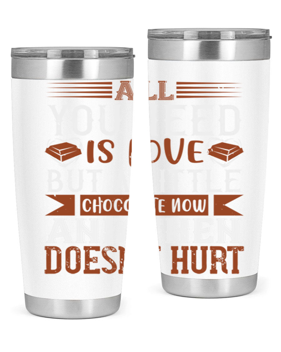 Stylish stainless steel tumbler with a love and chocolate design, perfect for hot and cold beverages.