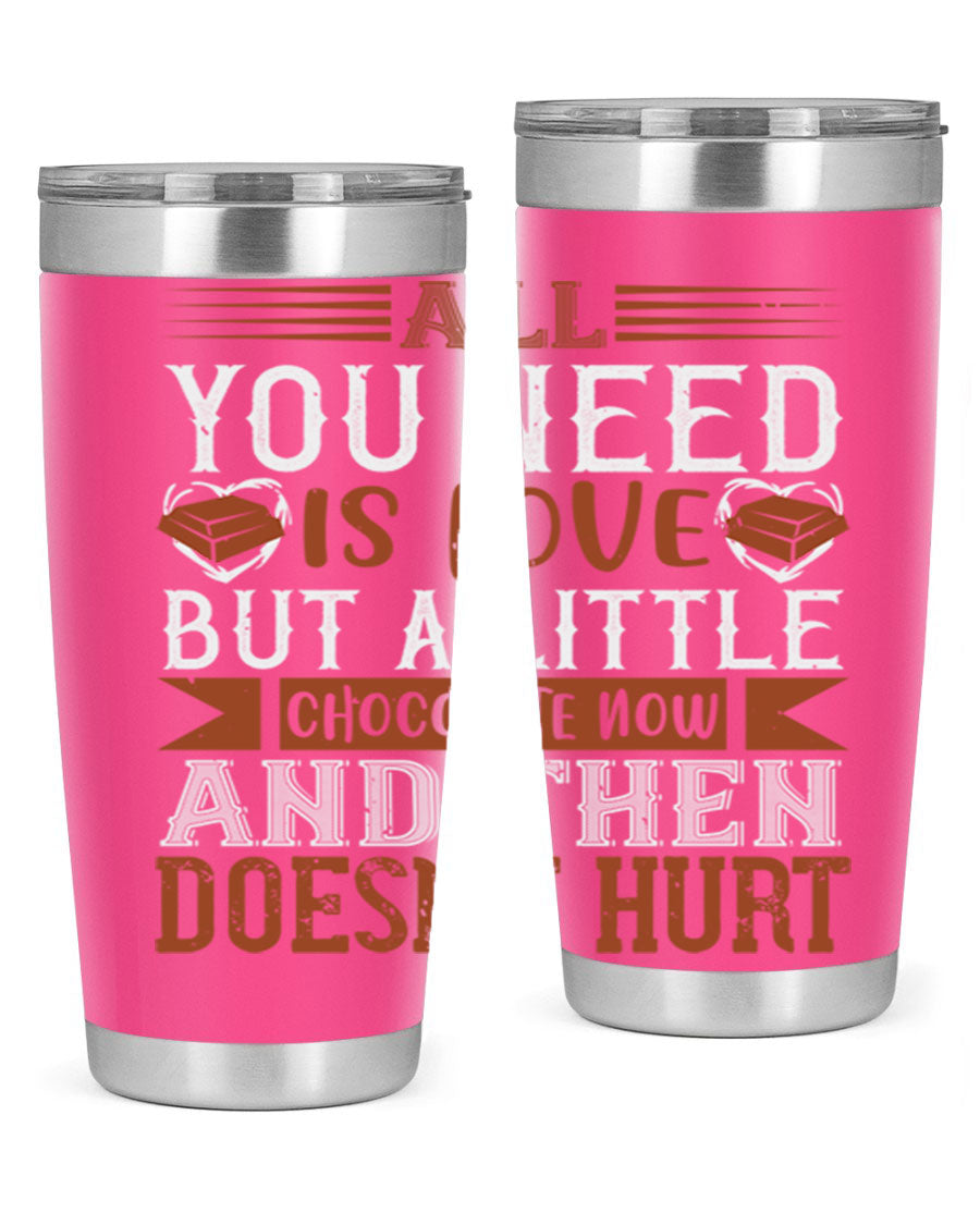 Stylish stainless steel tumbler with a love and chocolate design, perfect for hot and cold beverages.