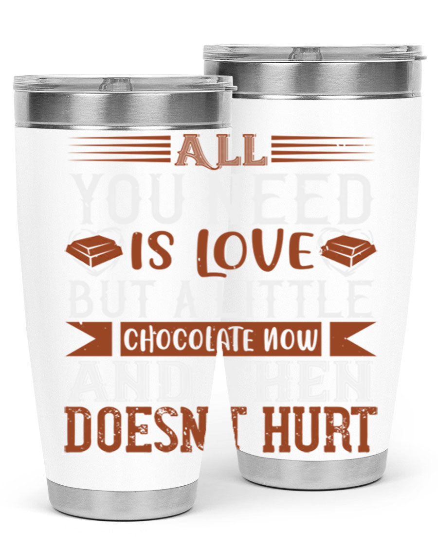 Stylish stainless steel tumbler with a love and chocolate design, perfect for hot and cold beverages.