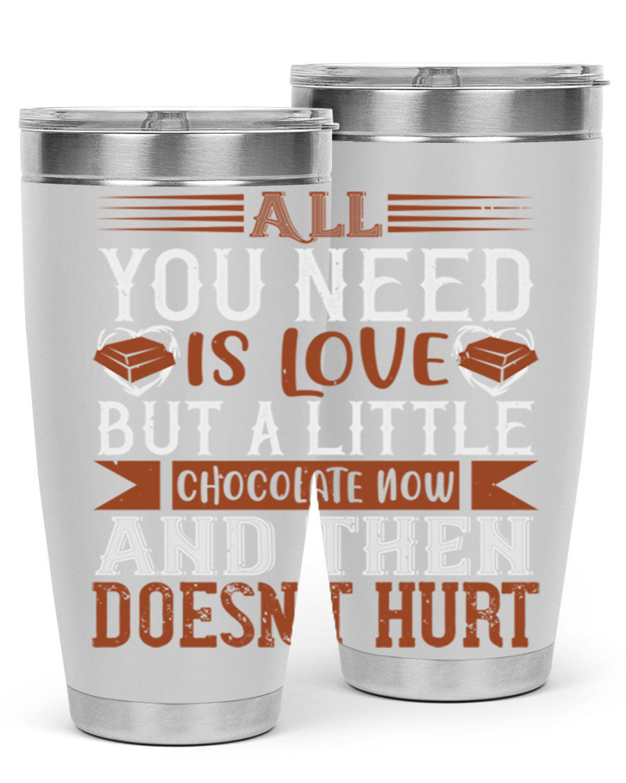 Stylish stainless steel tumbler with a love and chocolate design, perfect for hot and cold beverages.