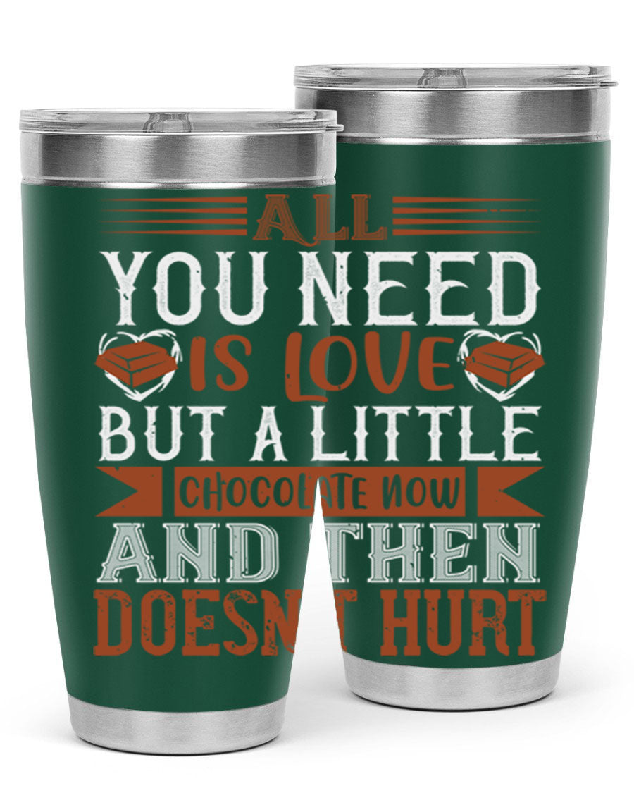 Stylish stainless steel tumbler with a love and chocolate design, perfect for hot and cold beverages.