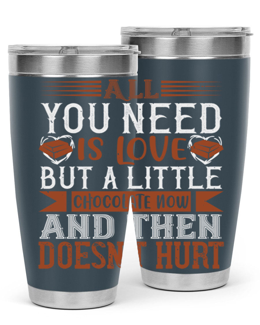 Stylish stainless steel tumbler with a love and chocolate design, perfect for hot and cold beverages.
