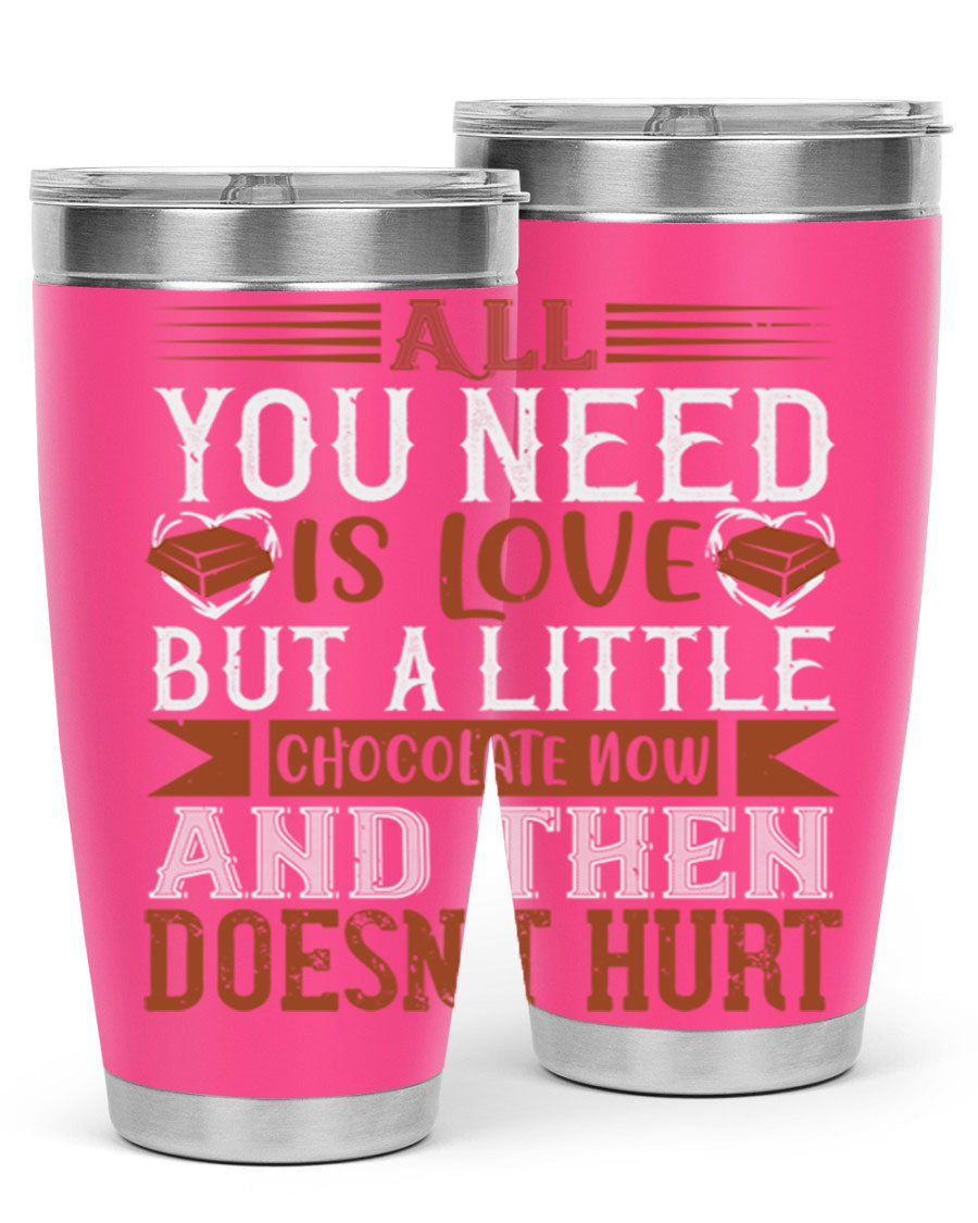 Stylish stainless steel tumbler with a love and chocolate design, perfect for hot and cold beverages.
