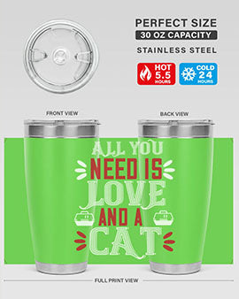 All You Need Is Love Style 27# Cat Tumbler in stainless steel with a vibrant design, perfect for hot and cold beverages.