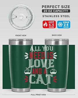 All You Need Is Love Style 27# Cat Tumbler in stainless steel with a vibrant design, perfect for hot and cold beverages.