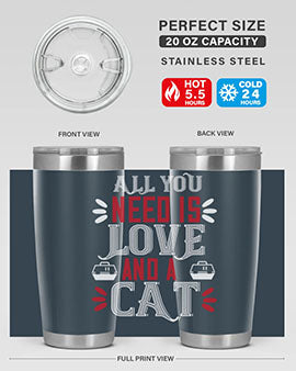 All You Need Is Love Style 27# Cat Tumbler in stainless steel with a vibrant design, perfect for hot and cold beverages.