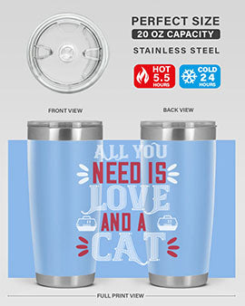 All You Need Is Love Style 27# Cat Tumbler in stainless steel with a vibrant design, perfect for hot and cold beverages.