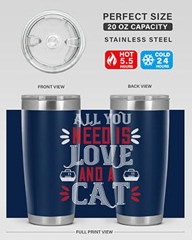 All You Need Is Love Style 27# Cat Tumbler in stainless steel with a vibrant design, perfect for hot and cold beverages.