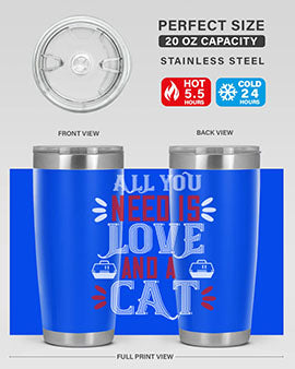 All You Need Is Love Style 27# Cat Tumbler in stainless steel with a vibrant design, perfect for hot and cold beverages.