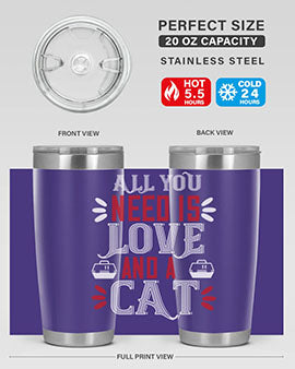 All You Need Is Love Style 27# Cat Tumbler in stainless steel with a vibrant design, perfect for hot and cold beverages.