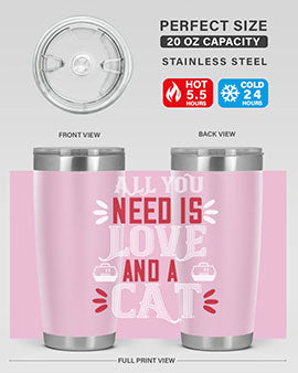 All You Need Is Love Style 27# Cat Tumbler in stainless steel with a vibrant design, perfect for hot and cold beverages.